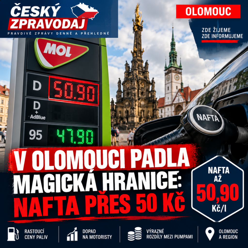 Nafta v Olomouci překonala psychologickou hranici 50 korun za litr. U některých čerpacích stanic se cena dostala až na **50,90 Kč/l**, což už citelně zasahuje peněženky řidičů – **naplnění padesátilitrové nádrže při této ceně vyjde na 2 545 korun**.