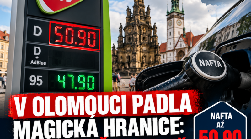 Nafta v Olomouci překonala psychologickou hranici 50 korun za litr. U některých čerpacích stanic se cena dostala až na **50,90 Kč/l**, což už citelně zasahuje peněženky řidičů – **naplnění padesátilitrové nádrže při této ceně vyjde na 2 545 korun**.
